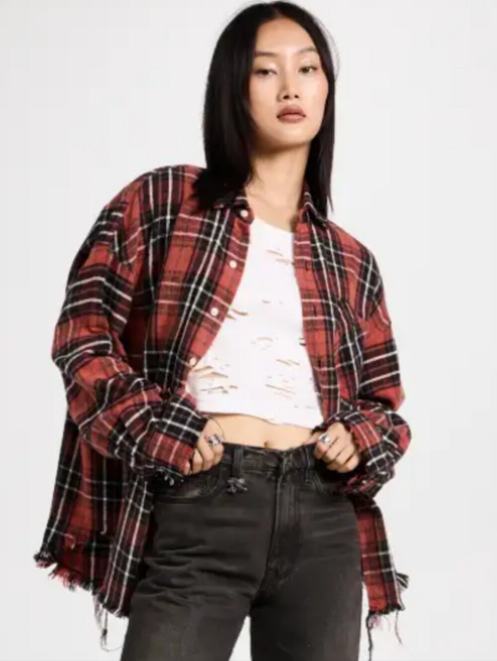 R13 Long Sleeve Boxy Workshirt Flannel Red Black Plaid